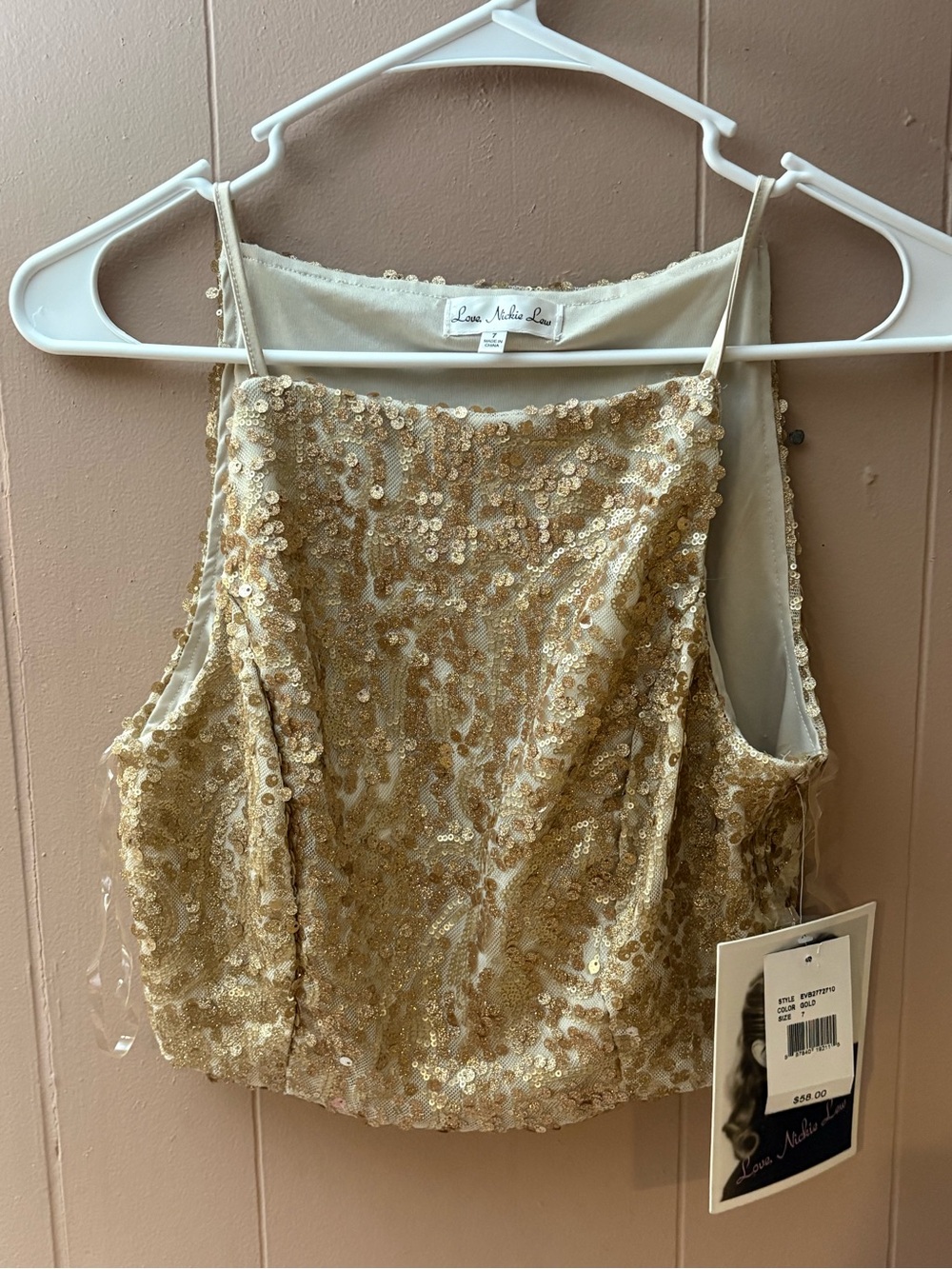 NWT Love,Nickie Lew Gold Sequin Halter Crop Top Sz 7